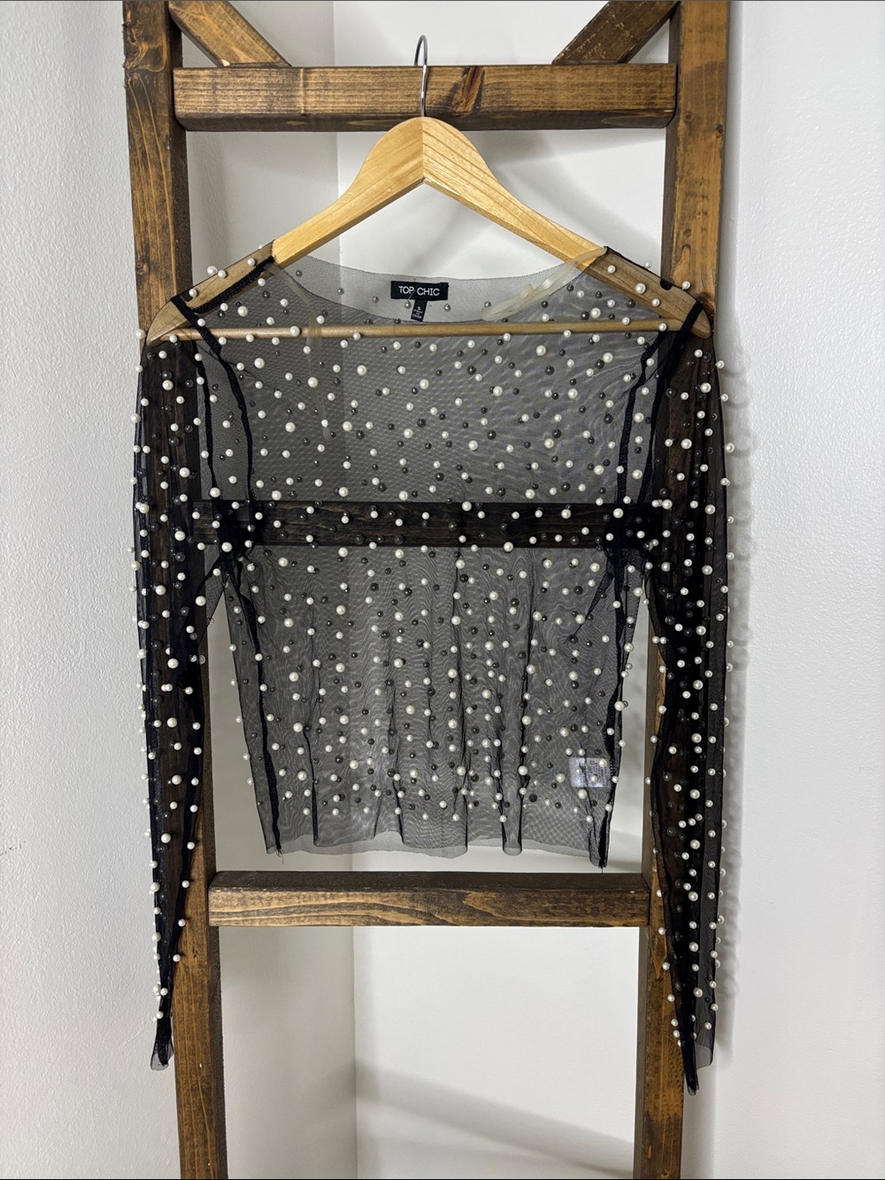 Top Chic Black Sheer Long-Sleeve Pearl-Embellished Top Size S
